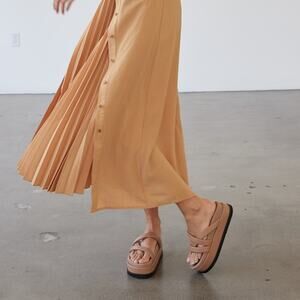 Roam Asymmetrical Stack Vegan Leather Platform Wedge Sandals Cognac Size 10/40